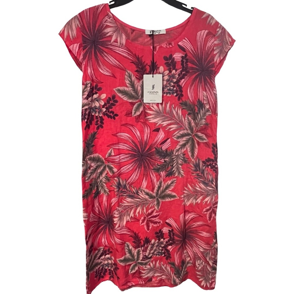 NWT Femme Fatale Red Palm Leaves Linen Shift Dress Made in Italy Size XL